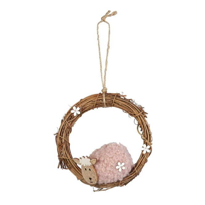Dekohänger - Kranz Mit Schaf - Braun/rosa/weiß - Aus Holz - Ca. 14 X 14 Cm