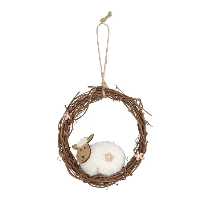 Dekohänger - Kranz Mit Schaf - Braun/weiß/rosa - Aus Holz - Ca. 14 X 14 Cm