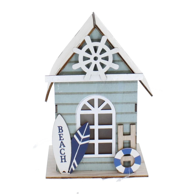 Bootshaus Mit LED - Aus Holz - Ca. 14 X 9,5 X 19 Cm