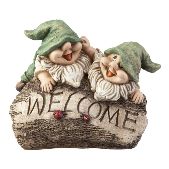 Gartenzwerge Auf Baumstamm - Aus Polyresin - Ca. 24 X 18 X 27,5 Cm